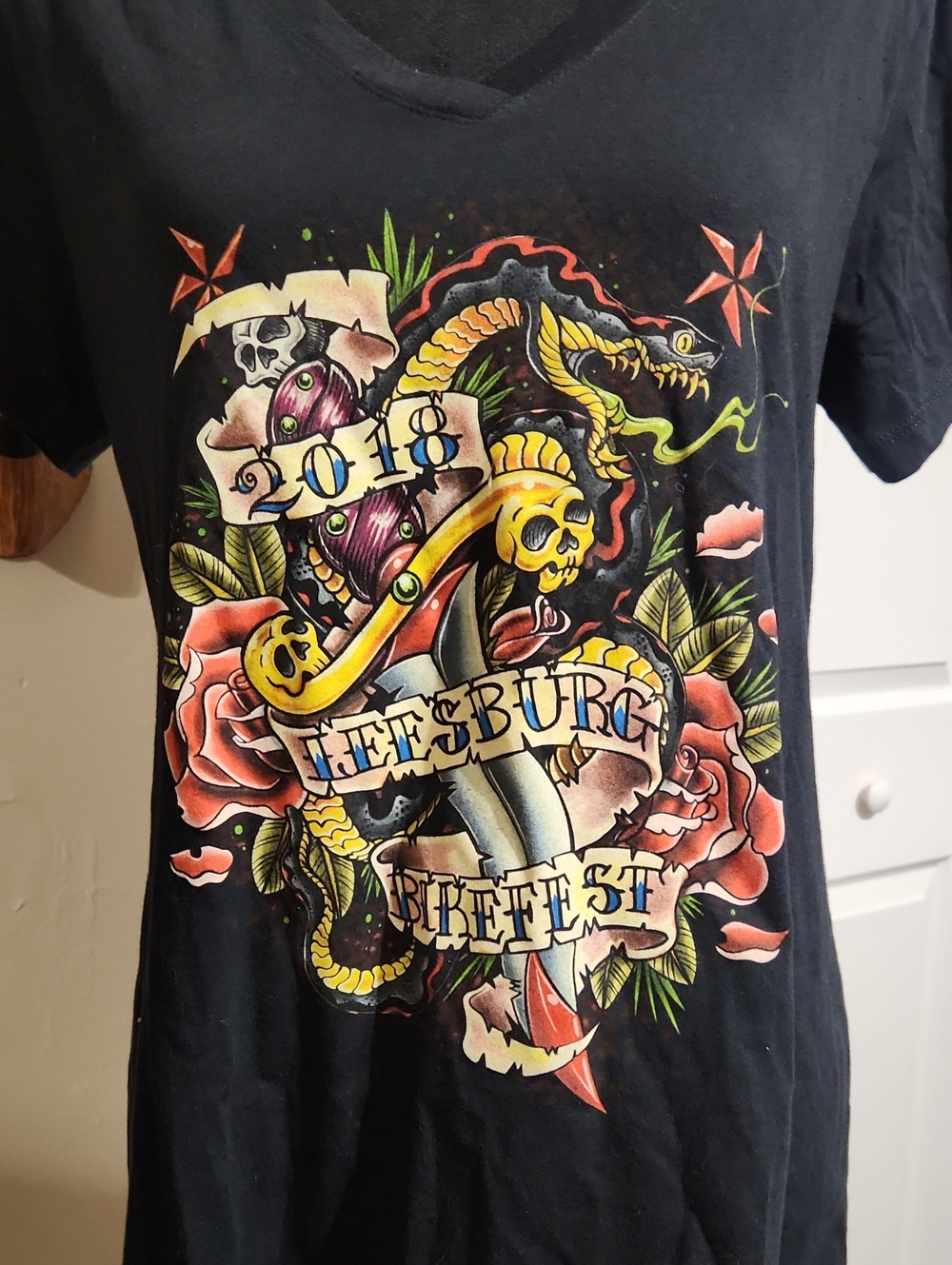 Black V-Neck Leesburg Bikefest 2018 Skull/ Dagger Tattoo Tee